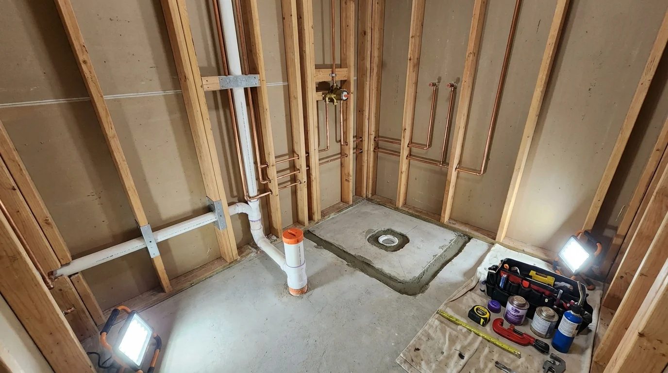 Bathroom rough-in plumbing during remodel by Johns Plumbing LLC in Maringouin