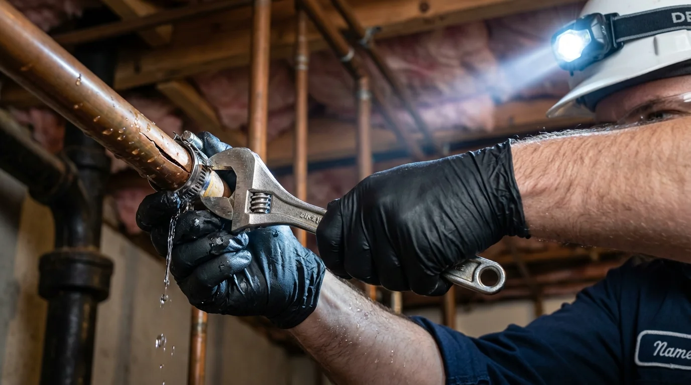 Emergency pipe clamp repair being performed by a Johns Plumbing LLC plumber in Maringouin