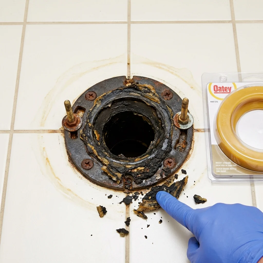 Failed wax ring showing water seepage at the base of a toilet in a Maringouin, LA home