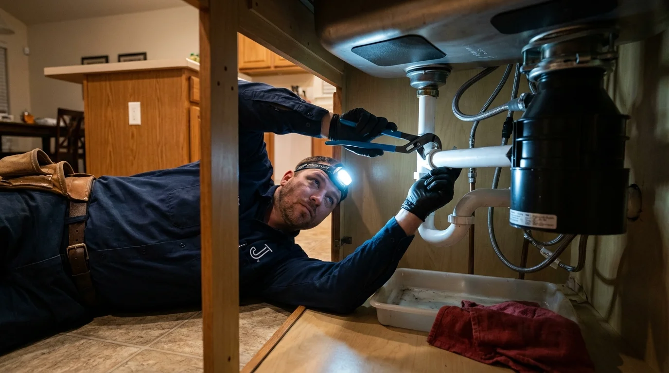 P-trap and supply line connections under a kitchen sink showing a common leak point in Maringouin, LA